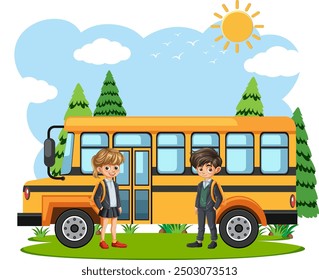 Two kids standing by a school bus