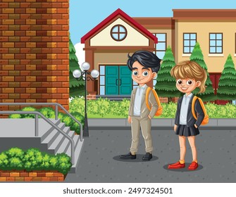 Two kids standing outside a school building