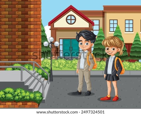 Two kids standing outside a school building