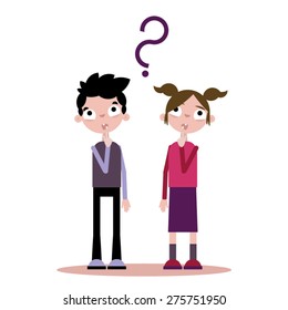 Two kids are standing and a question mark is floating over their heads