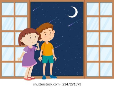 Two kids standing at window and looking at the moon illustration