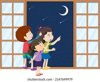 Two kids standing at window and looking at the moon illustration