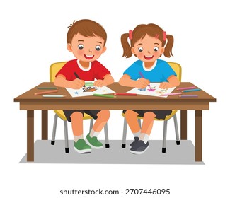 Dos niños estudiantes dibujando para colorear en la mesa juntos