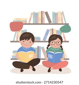 Zwei Schüler sitzen neben Bücherregalen mit Büchern und lesen. Bildung, Wissen, Lernprozess. Zurück zur Schule. Schuljunge und Schulmädchen, Freunde, Klassenkameraden. flache Vektorgrafik