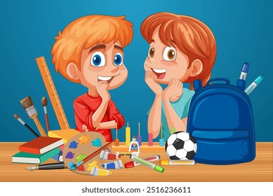 Duas crianças cercadas por materiais escolares e materiais de arte