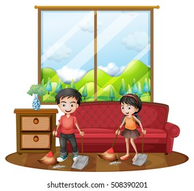 Two kids sweeping the floor illustration