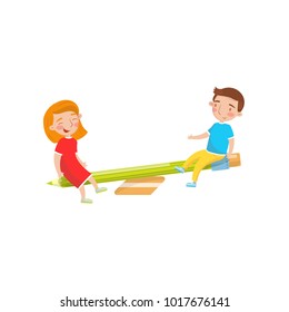 Two kids swinging on a pencil seesaw and eraser underneath, preschool activities and early childhood education cartoon vector Illustration