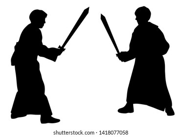 Two Kids Sword Fighting Duel In Medieval Style Costumes