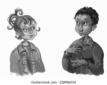 Two kids talking together. Conversation. Back to School children illustration. Separate Objects on white background. Editorial. Education. VECTOR.