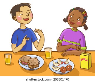 Zwei Kinder sprechen am Mittagstisch zusammen. Zurück zur Schulkinder-Illustration. Separate Objekte auf weißem Hintergrund.  Kindergrafik für Schulbücher, Magazine, Werbung und mehr. VEKTORILLUSTRATION.