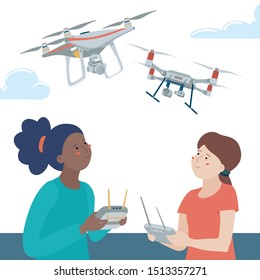 Two kids, teenage girls, black and caucasian, playing with quadcopter drones using remote controllers outdoors, flat style vector illustration isolated on white background