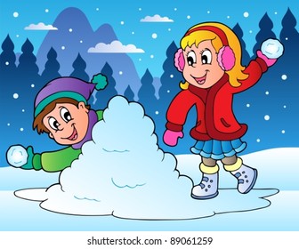 Dos niños lanzando bolas de nieve - ilustración vectorial.