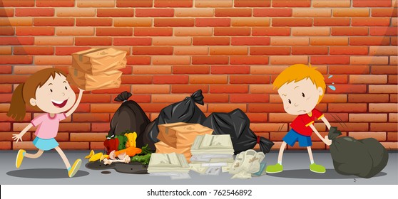 Dos niños tirando basura en la ilustración de la calle