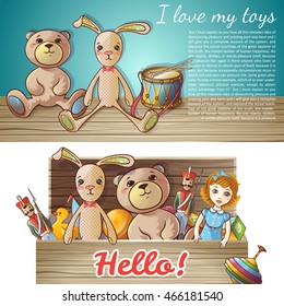 Two Kids Toys Banner Set With Toy In Wooden Box And Title I Love My Toys Vector Illustration