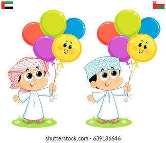  Two Kids From United Arab Emirates And Oman  Are Celebrating Eid And Carrying Colorful Balloons