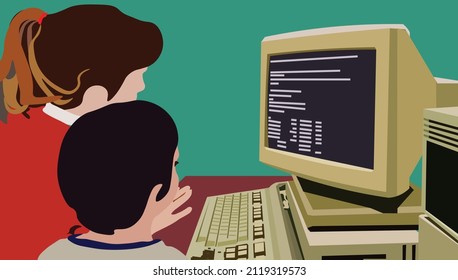 two kids use computer in 90s.