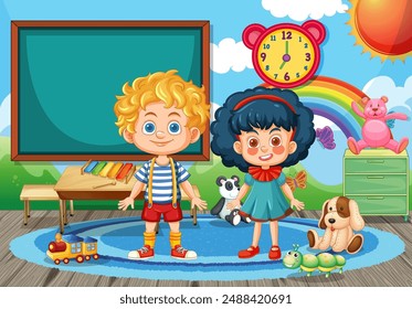 Two kids in a vibrant, playful classroom setting