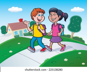 Two Kids Walking To School with Backpacks