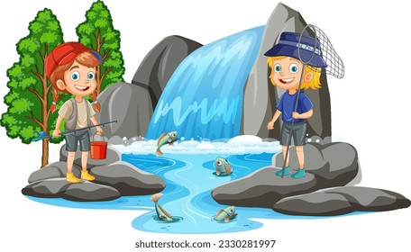 Two Kids in Waterfall Scene illustration