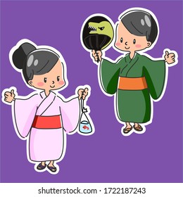 Two kids wear pink and green summer kimono for summer festival
