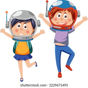 Two kids wearing astronaut helmets illustration