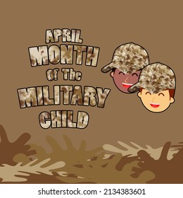 Two Kids Wearing Military Hats With Bold Decorative Text On Brown Background, Month Of The Military Child In April