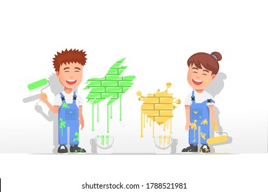 Two kids who are coloring walls, playing with paint