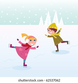 Two Kids In Winter Costumes Practicing Ice Skating On Frozen Lake. Vector Cartoon Illustration.