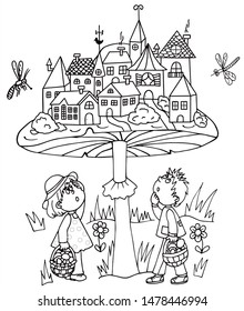 Two kids are wondering to the big mushroom town. Black and white vector for coloring. For card or gift.