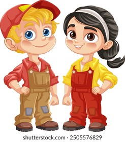 Two kids in work uniforms smiling