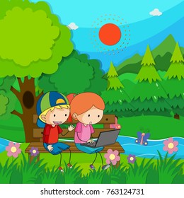 Dos niños trabajando en una computadora en la ilustración del parque