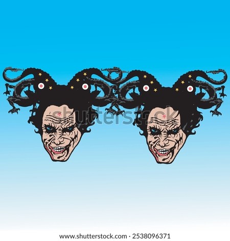 two killer faces of jokers in blue vintage colours