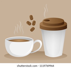 Two kind of coffee mugs, with coffee beans