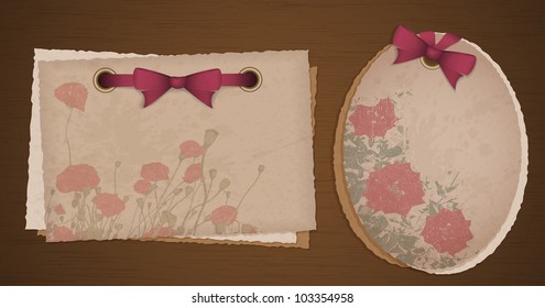 Two kind of old paper with ribbons and flowers, digital scrapbook