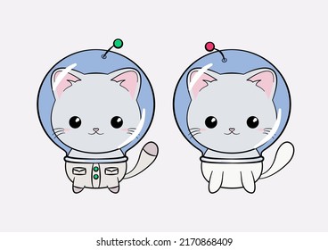 Two  kind of Space Kittens in the helmet and space suit. Funny and cute cat astronaut, baby animal. Kitten in cosmos. Vector illustration.
