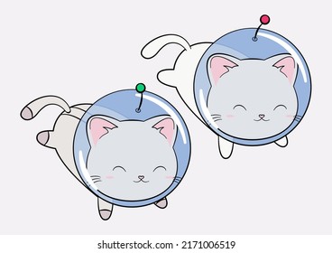 Two  kind of Space Kittens in the helmet and space suit. Funny and cute cat astronaut, baby animal. Kitten in cosmos. Vector illustration.