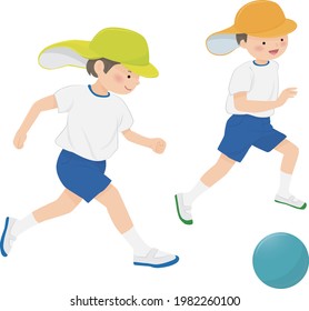 Two kindergarten children playing soccer