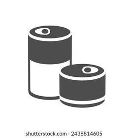 Two kinds of round tin can icon. Silhouette pictogram. Containers of ready to eat food also pet food. For web design, mobile app, decor. Metal waste. Vector illustration isolated on white background