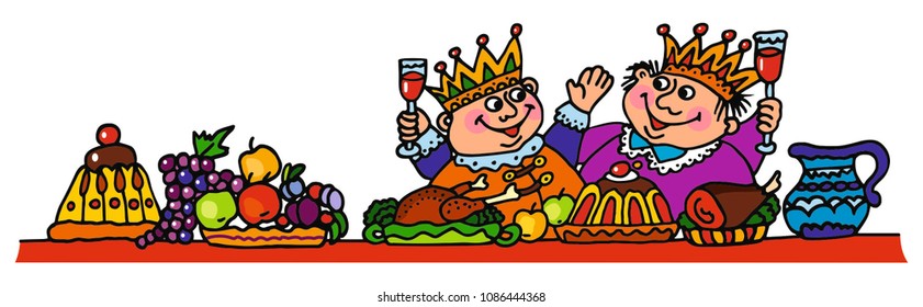 Two kings are eating big dinner. Colored vector for gift or card. 