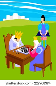 Two kings playing chess in the royal yard. Kings playing chess