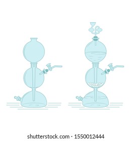 Two Kipp apparatus, empty and with chemical process. Chemical laboratory equipment.