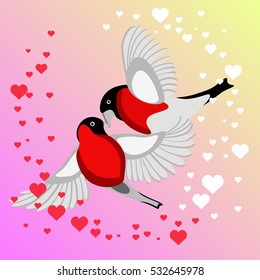 Two kissing bullfinches with hearts