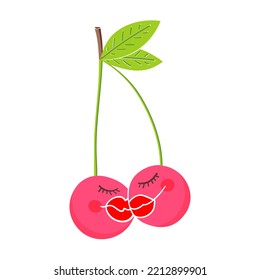  Two kissing cherries. Two cute cherries fall in love. The concept of love and Valentines Day. An illustration highlighted on a white background.