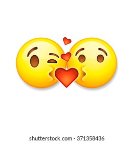 Two Kissing Emoticons, Valentines Day Emoticon Icons, Love Emoji Symbols, Vector Illustration.