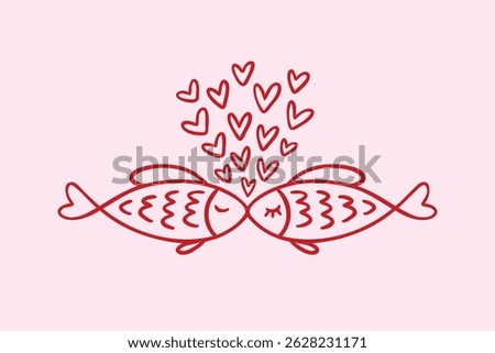 two kissing fish and hearts floating like bubbles. Doodle hand drawn outline characters fish kiss love icon. Valentines Day or greeting cards, prints and stickers. Vector illustration