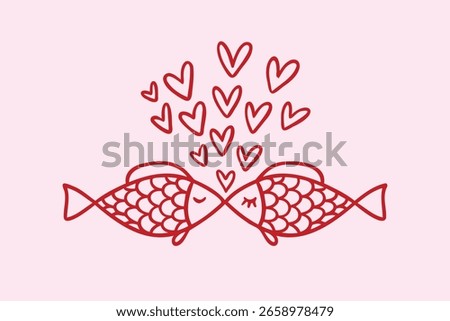 two kissing fish and hearts floating like bubbles. Doodle hand drawn outline characters fish kiss love icon. Valentines Day or greeting cards, prints and stickers. Vector illustration