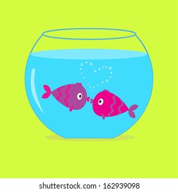 Two kissing fishes in the aquarium. Card. Vector illustration