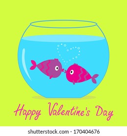 Two kissing fishes in the aquarium. Happy Valentines day card.