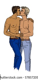 Two kissing gays. Hand-drawn illustration isolated on white