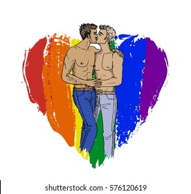 Two kissing gays and rainbow heart. Hand-drawn illustration isolated on white